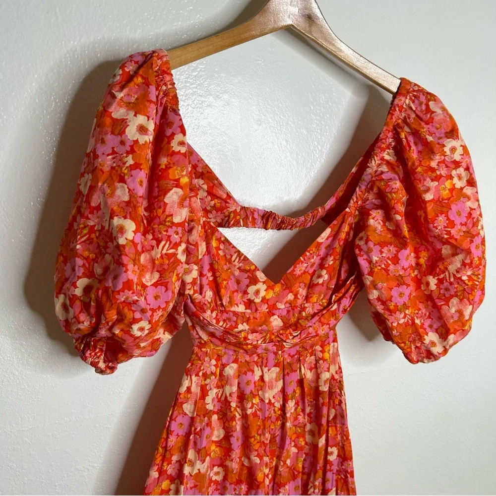 Free People 100% Cotton Bright Pink Puff Sleeve Wide Leg Jumpsuit Size Small